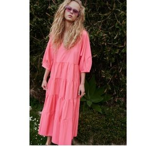 Zara Tiered Poplin Dress Neon Fuchsia Maxi Pink Large
